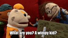 a group of stuffed animals are standing around a book that says " what are you ? a wimpy kid "