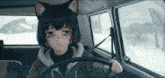 a girl with cat ears is wearing a seat belt in a car