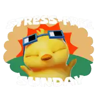a yellow duck wearing sunglasses says " stress free sunday "
