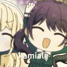 a cartoon girl with purple hair and the word kamiale written on the bottom