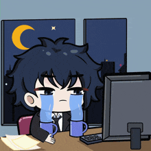 a cartoon of a man sitting in front of a computer with two cups of water in front of him