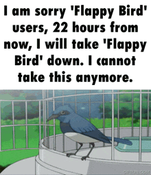 a picture of a bird in a cage with the caption i am sorry flappy bird users