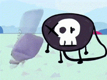 a cartoon character with a skull on it is standing next to a purple object .