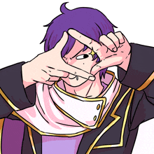 a drawing of a man with purple hair making a triangle with his hands
