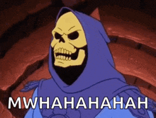 skeletor from the masters of the universe is wearing a purple hood and says mwhahahahah
