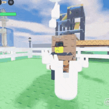 a screenshot of a video game shows a character with a yellow face and a white hat
