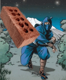 a cartoon of a ninja running with a brick on his shoulder