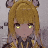 a close up of a girl 's face with yellow eyes