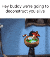 a picture of a coconut bowl with a straw in it and a caption that says hey buddy