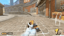 a video game is being played on a brick road with the number 1st on the bottom