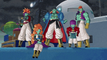 a group of cartoon characters standing next to each other in front of a building