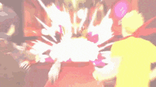 a man in a yellow shirt is standing in front of a large explosion in a video game .