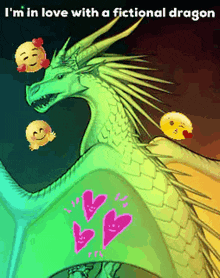 a drawing of a green dragon with hearts on its wings