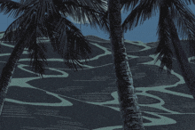 a drawing of palm trees on a hillside with a river running through it