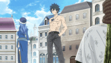 a man without a shirt is standing in front of a city