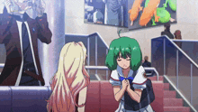 a girl with green hair is standing in front of a man