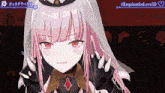 a girl with pink hair is wearing a white veil and gloves and says requiem for love 3d