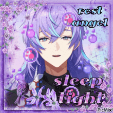 a picture of a purple haired anime character with the words rest angel sleep tight