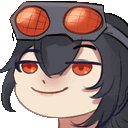 a cartoon character with long black hair and red eyes is wearing goggles .