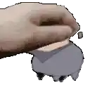 a pixel art of a hand holding a cartoon character 's head .