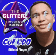 a man is smiling in front of a sign that says the glitter room