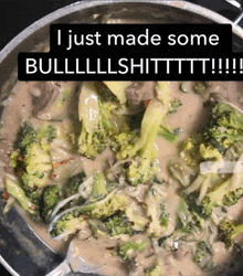 a pot of broccoli and sauce with a caption that says i just made some bulllllshitttttt !!!