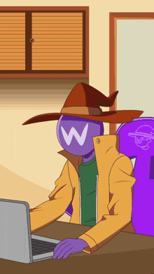 a cartoon character wearing a witch hat with the letter w on it