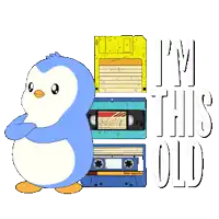 a penguin standing next to a stack of cassette tapes with the words " i 'm this old " written below it