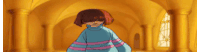 a cartoon character is standing in a room with columns .
