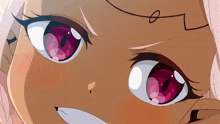 a close up of a girl 's face with pink eyes and a smile