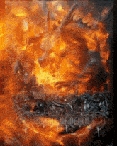 a painting of a dragon surrounded by flames and the words " journey of death " on the bottom