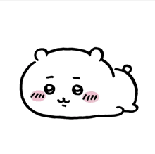 a black and white drawing of a bear with big eyes and a pink cheek
