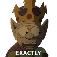 a cartoon character with a crown and the word exactly below him