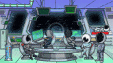 a group of astronauts are gathered around a table with a screen that says " current plan " on it