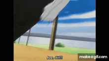 a cartoon character is standing next to a wooden pole and talking to someone .