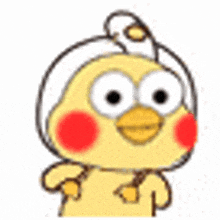 a cartoon chicken with big eyes and red cheeks is wearing a hat .