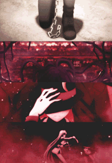 a collage of images shows a person with chains around their legs