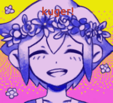 a drawing of a girl with flowers in her hair and the word kuger on the bottom right