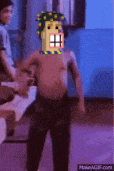 a pixelated image of a shirtless man with a big smile
