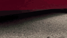 a close up of a red car 's bumper on a gravel road .
