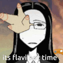 a cartoon of a woman with glasses pointing at her face with the words " its flavibot time " written below her