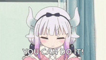 a cartoon girl with horns is sitting in front of a window and saying `` you can do it '' .