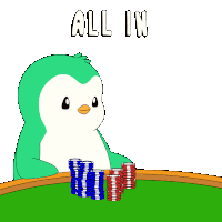 a cartoon of a penguin holding stacks of poker chips with the words all in below it