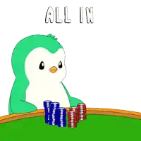 a cartoon of a penguin holding stacks of poker chips with the words all in below it
