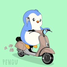 a penguin is riding a scooter and talking on a cellphone