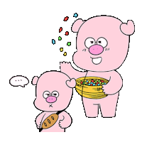 a cartoon pig is feeding another pig a loaf of bread