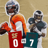 two football players holding a ball with a score of 0 vs 7