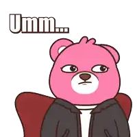 a pink teddy bear is sitting in a chair with the word umm above it