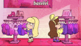a cartoon of two girls in a store with the word basvivi on the top