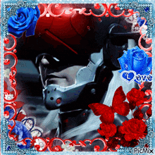 a picture of a man in a helmet with blue roses and butterflies with the word love on the bottom